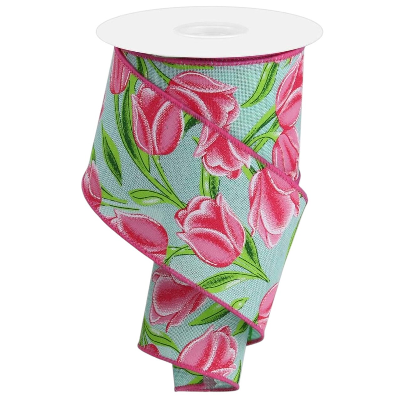 RG Ribbon: 2.5" Tulip Print Wired Ribbon for Bows, Wreath Accents, Crafts, and Decorations - Mint Green, Pink